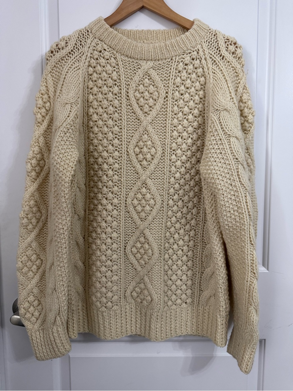 Vintage Sears Chunky Cable Knit Fisherman Sweater in Cream, wool blend